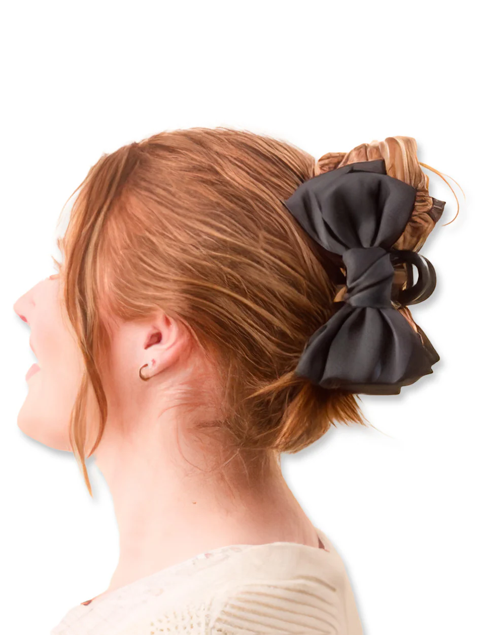 Black Satin Bow Large Hair Clip - Image 2