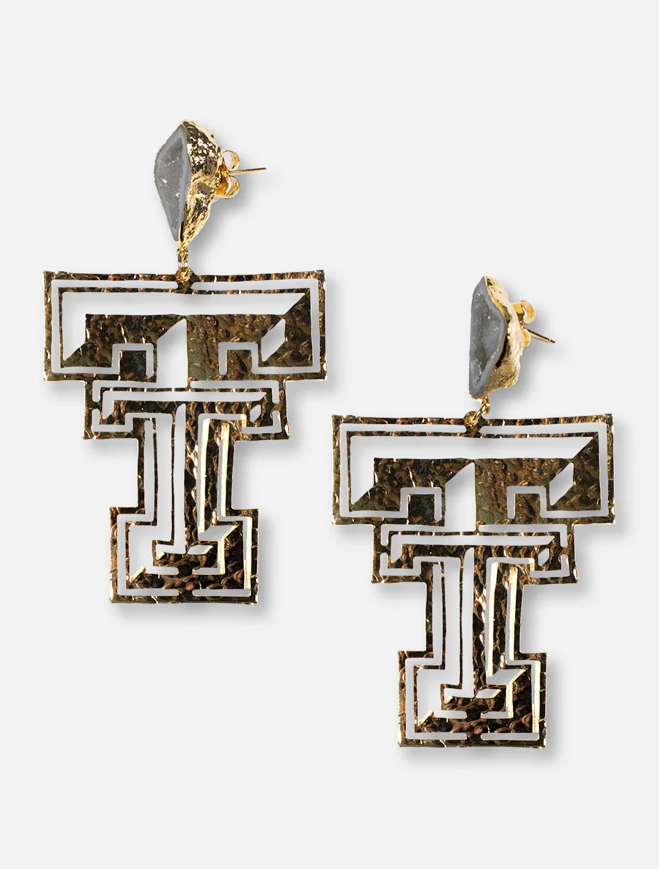 TeamRLN Texas Tech Red Raiders 24K Gold Double T with White Geode Post Earrings