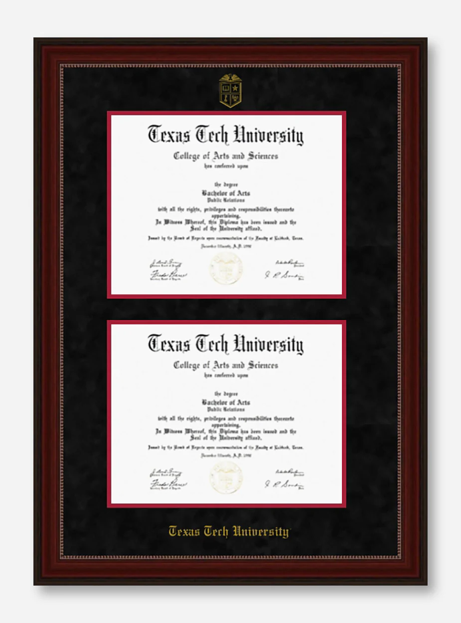 Texas Tech Cherry Bead Black Suede Double Mat Diploma Frame T19