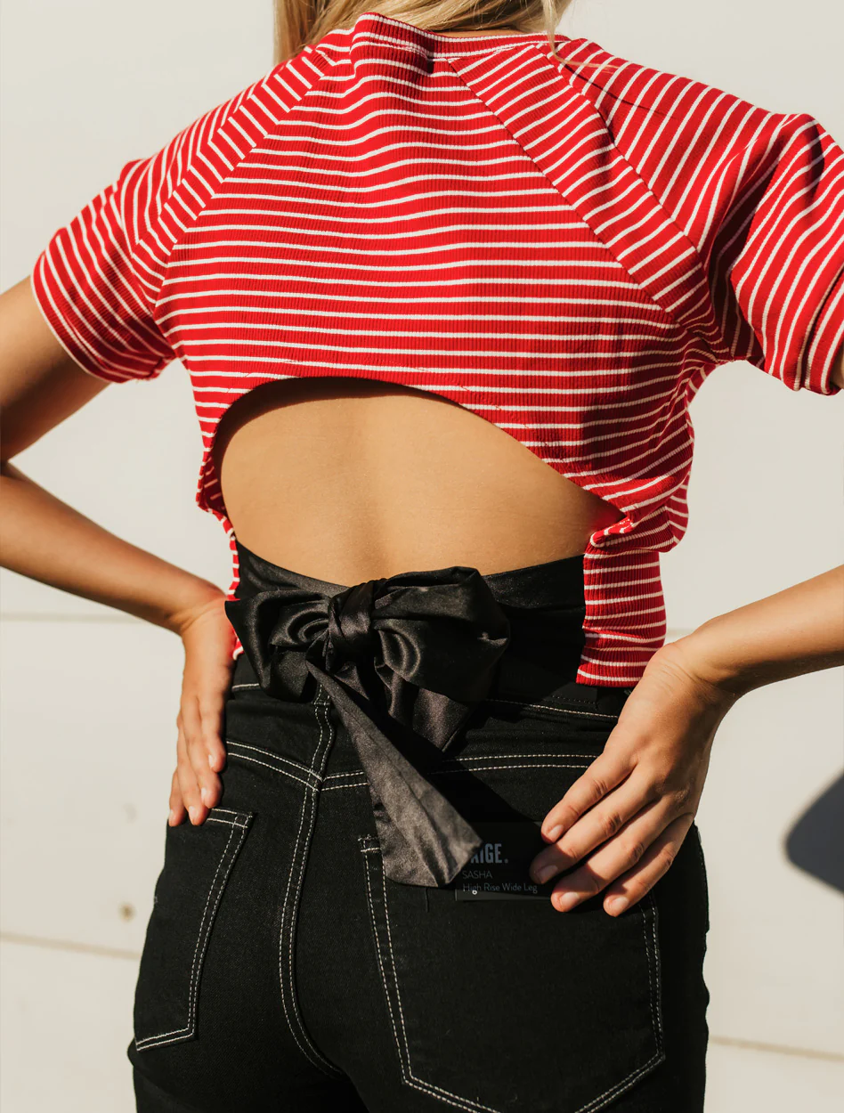 Texas Tech Double T " Marmalade" Striped Tie Back Crop Blouse - Image 2