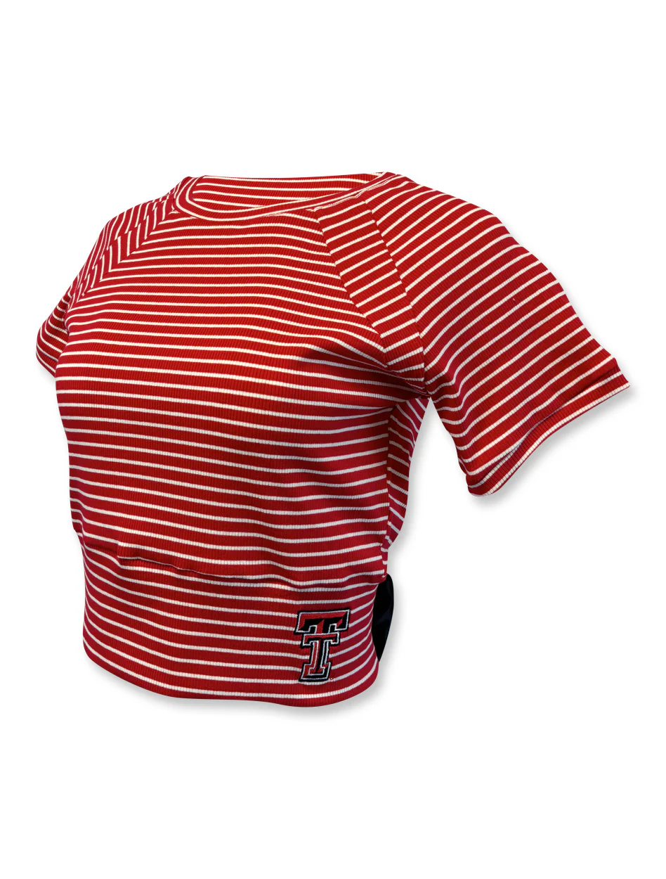 Texas Tech Double T " Marmalade" Striped Tie Back Crop Blouse - Image 3