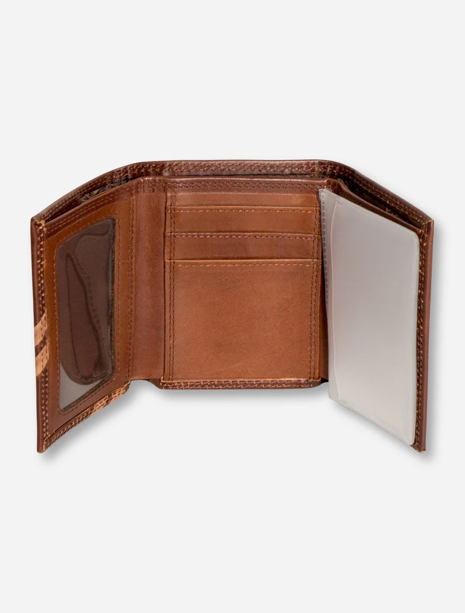Texas Tech Embossed Double T on Trifold Brown Leather Wallet - Image 2
