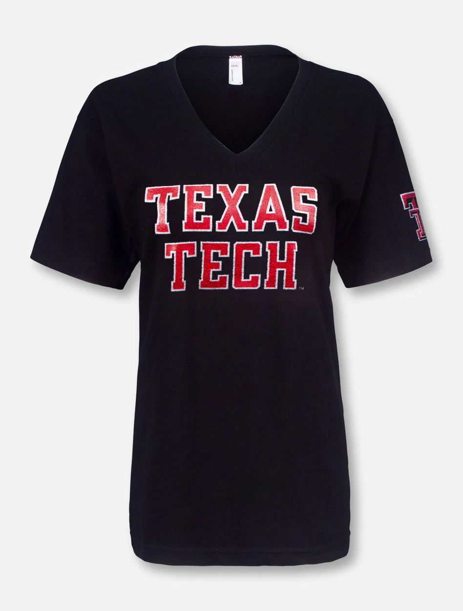 Texas Tech Glitter Football Font V-Neck T-Shirt