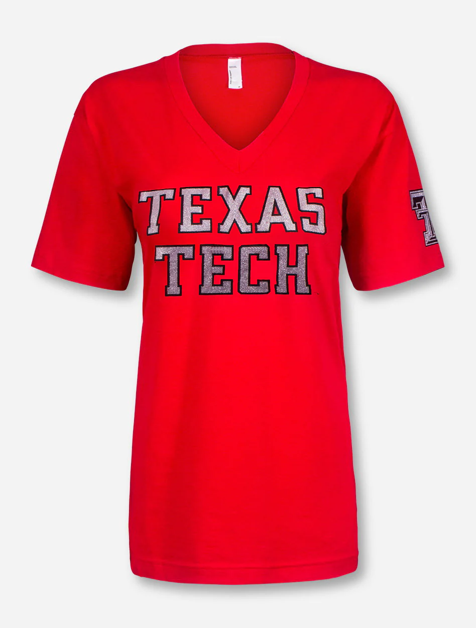 Texas Tech Glitter Football Font V-Neck T-Shirt - Image 3
