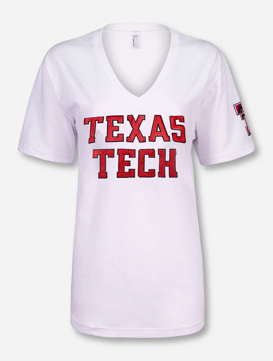 Texas Tech Glitter Football Font V-Neck T-Shirt - Image 5
