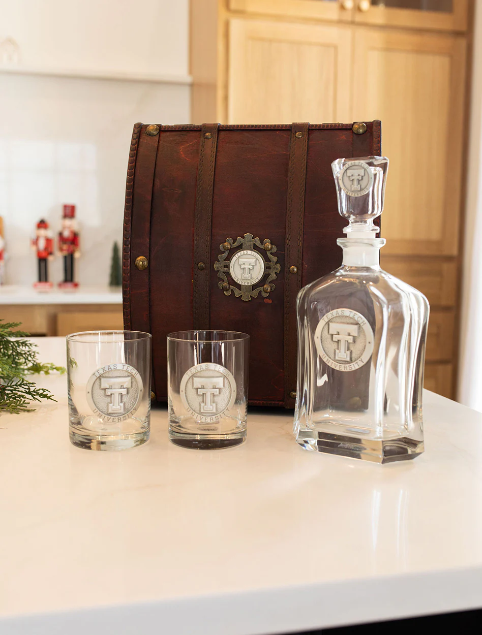 Texas Tech Heritage Pewter Capitol Decanter w/ 2 Double Old Fashioned Glasses in Chest
