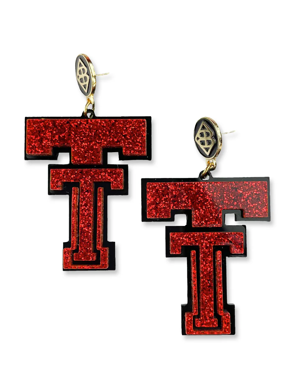 Texas Tech Red Glitter Vintage Double T Dangle Earrings