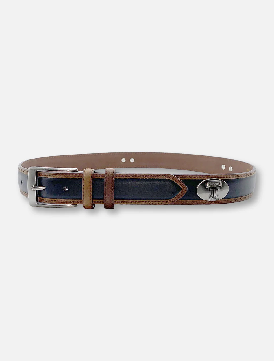 Texas Tech Red Raiders Double T Two-Tone Black Leather Belt With Pewter Conchos