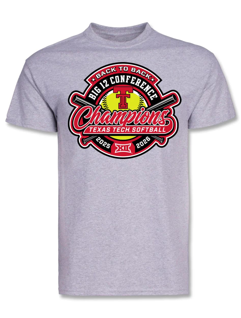 Texas Tech Softball 2026 Big 12 Champions "Crossed Bats" Grey T-Shirt