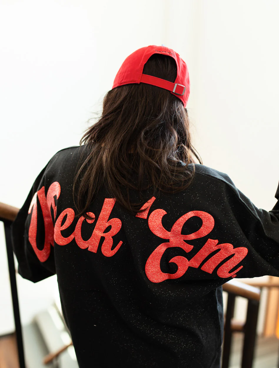 Texas Tech Spirit Jersey "Wreck 'Em Script" Sparkle Crew Neck - Image 3