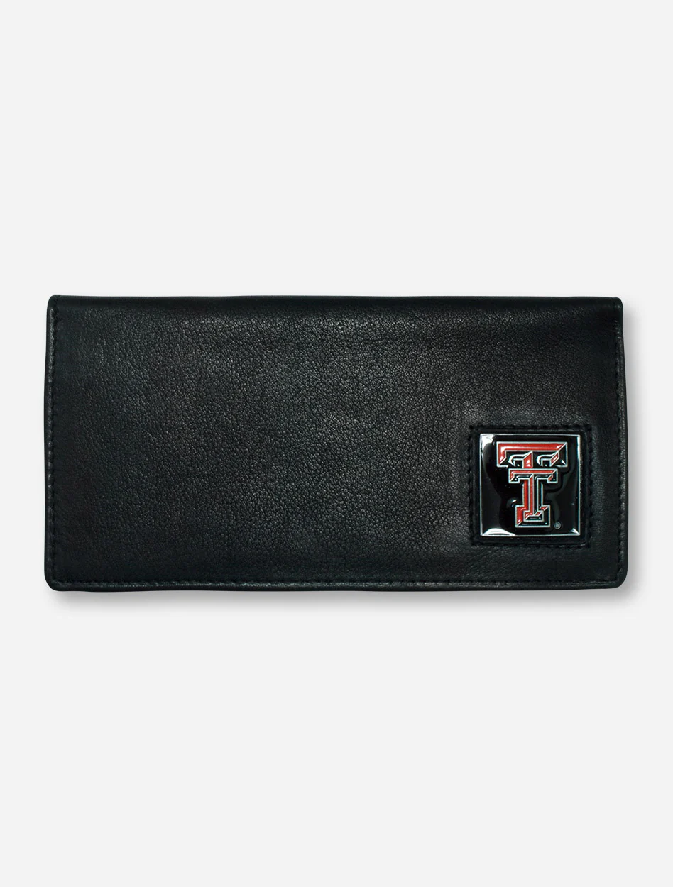 Texas Tech Square Double T Emblem on Black Leather Checkbook Wallet