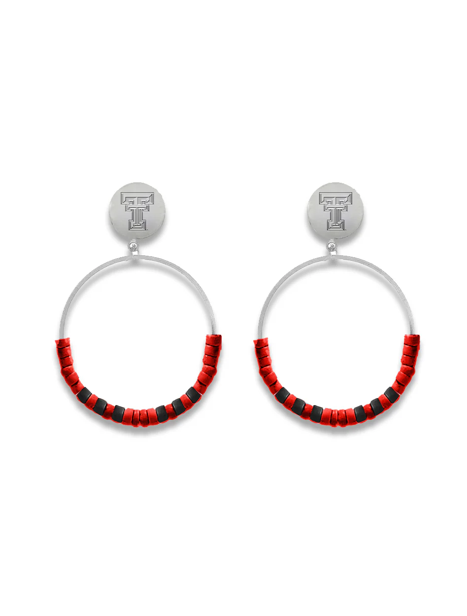 Texas Tech "Wilson" Beaded Silver Hoop Earrings